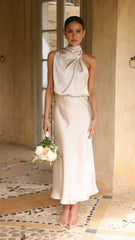 Sleeveless Satin Halterneck Solid Color Women's Dress - Horizon Bliss