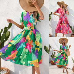 Summer Floral Print Pleated Short Sleeve Dress - Horizon Bliss