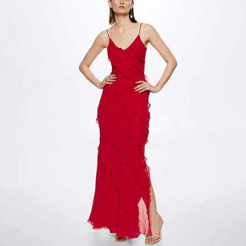 Backless Maxi Dress with High Slit and Ruffle Hem - Horizon Bliss