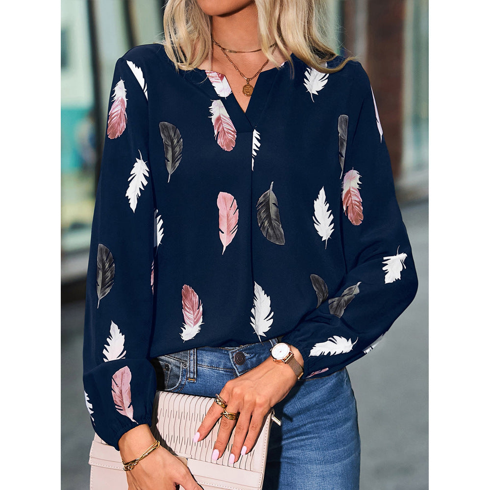 V-neck Feather Print Long-sleeved Loose T-shirt Women's Tops - Horizon Bliss