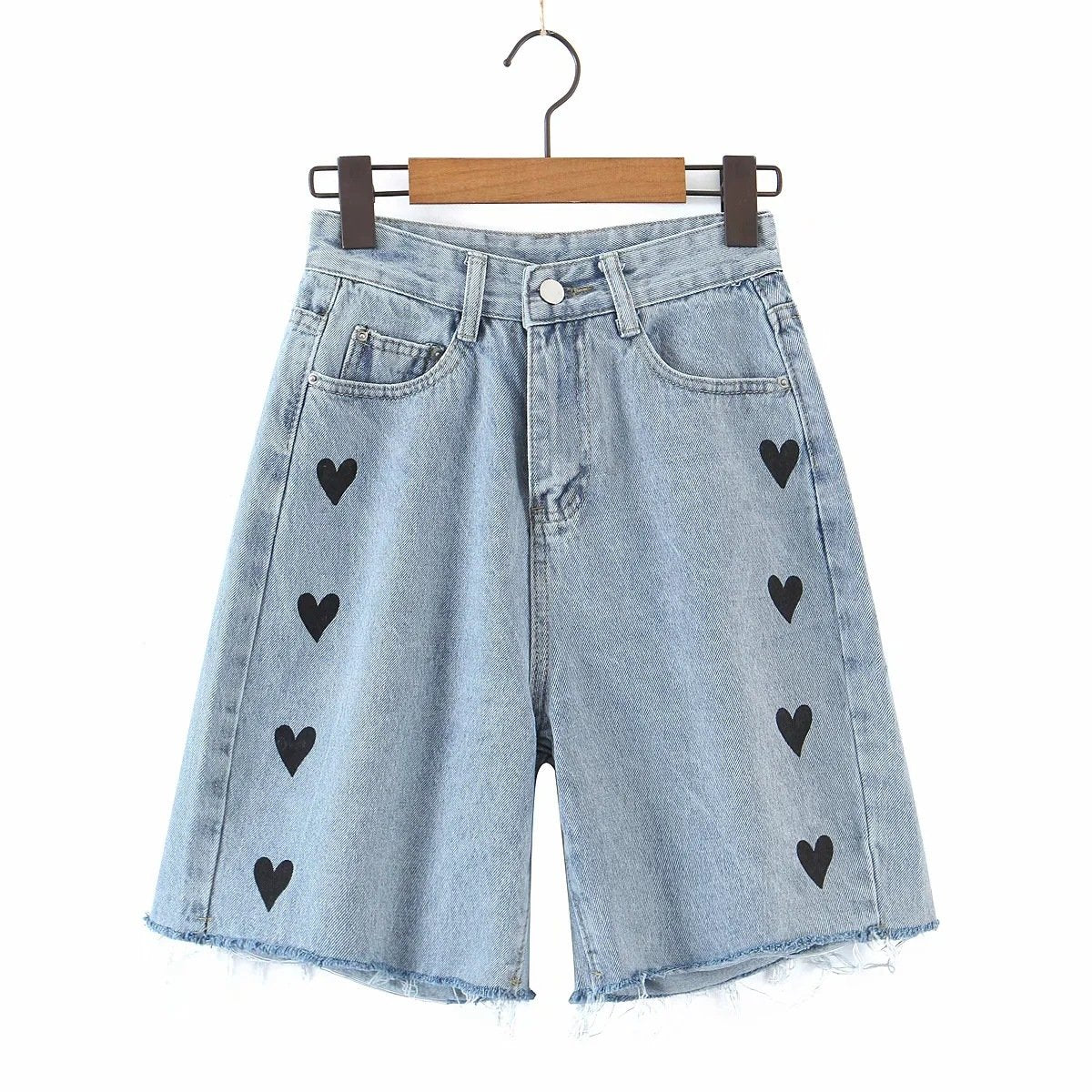 High-waist Embroidery Love Loose and Thin Wide-leg Jeans Shorts Women - Horizon Bliss