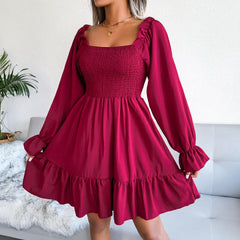 Square Collar Flared Long Sleeve Ruffled Swing Dress - Horizon Bliss