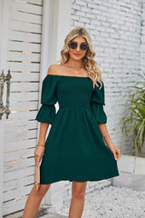 Square Neckline Puff Sleeve Backless Dress for Women. - Horizon Bliss