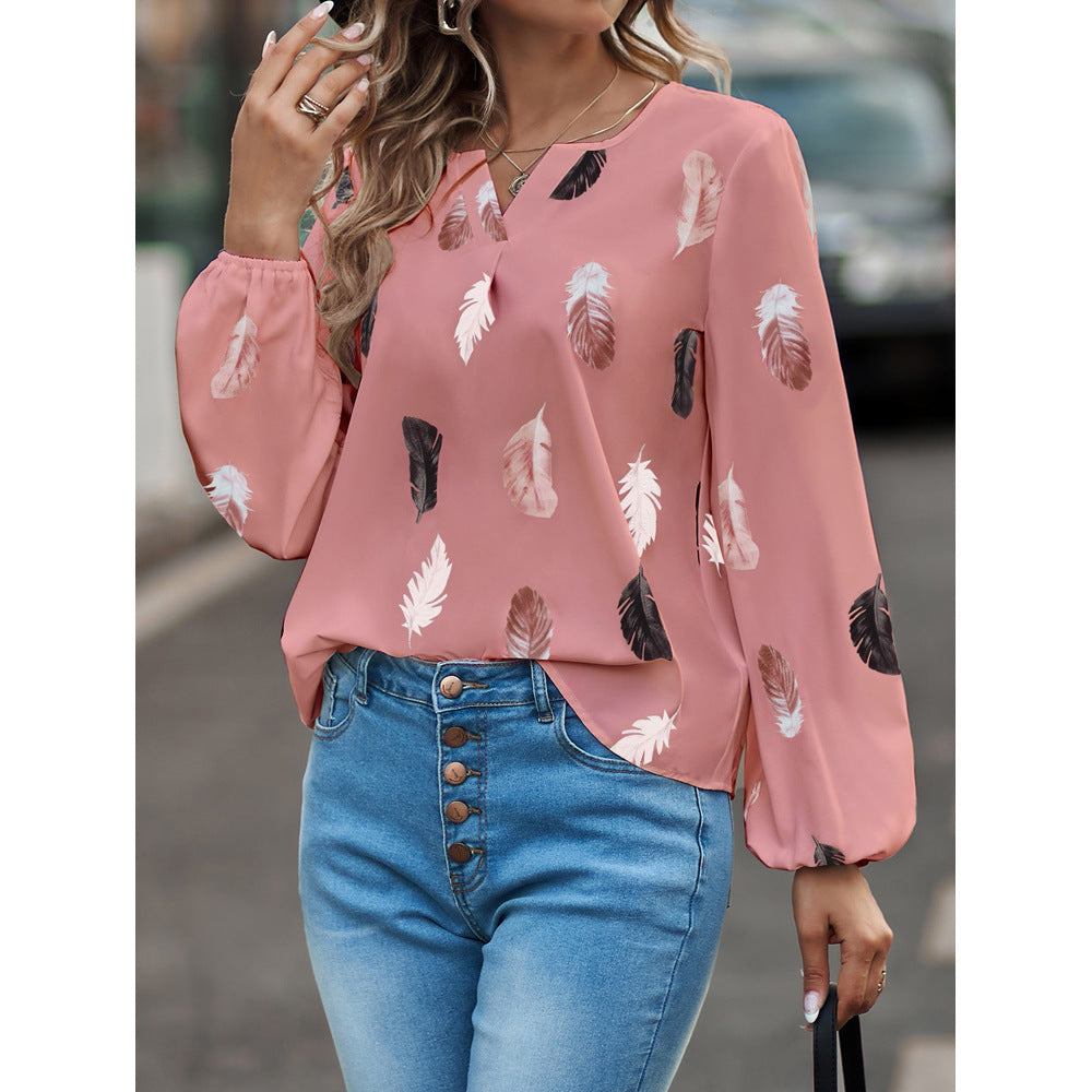 V-neck Feather Print Long-sleeved Loose T-shirt Women's Tops - Horizon Bliss