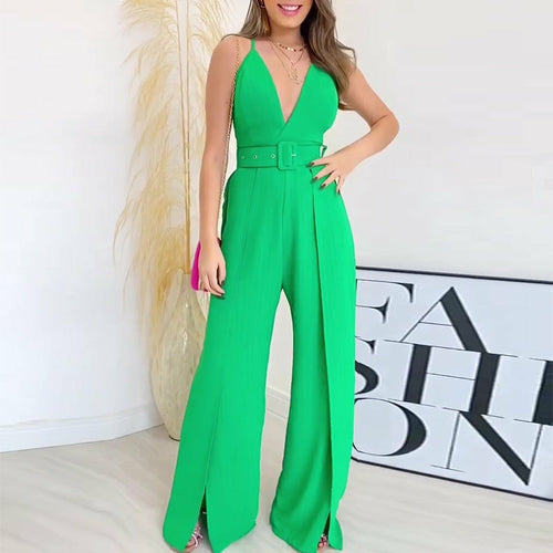 V-neck High-waisted Jumpsuit with Split Wide Leg Pants with Belt - Horizon Bliss