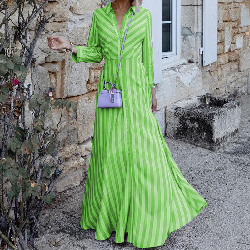 Long Sleeve Elegant Mid-Length Striped Dress. - Horizon Bliss