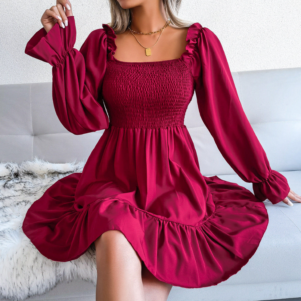 Square Collar Flared Long Sleeve Ruffled Swing Dress - Horizon Bliss