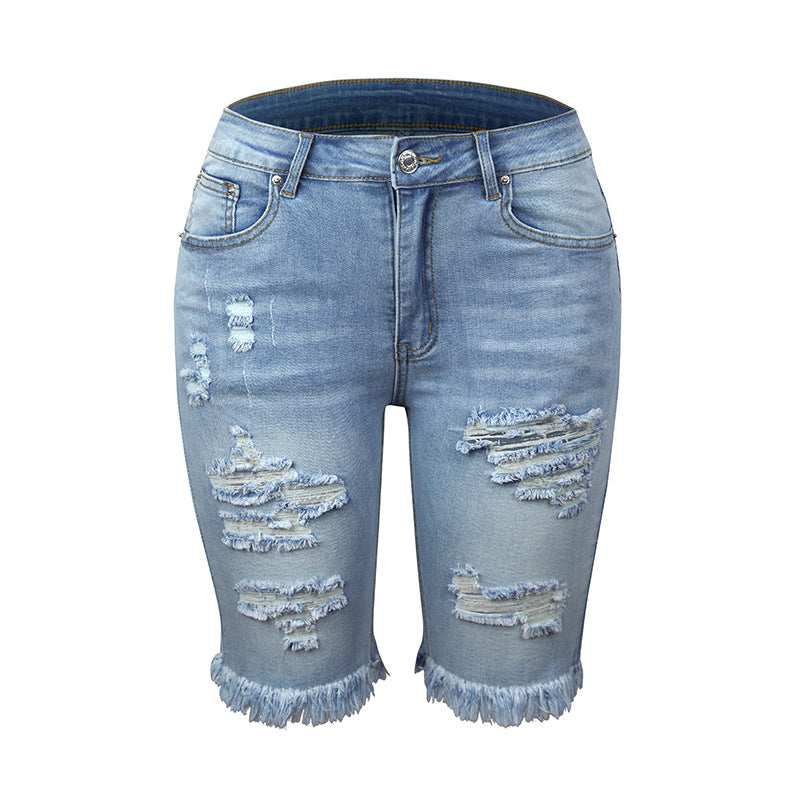 Fringed High Elasticity Mid-Waist Cropped Jeans with Ripped Holes - Horizon Bliss