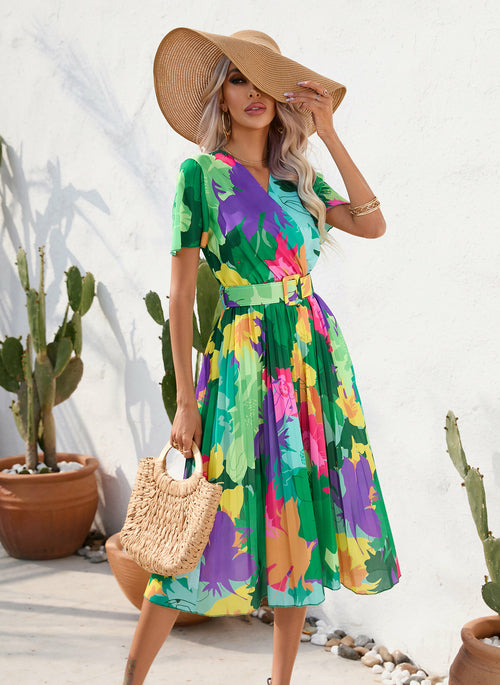 Summer Floral Print Pleated Short Sleeve Dress - Horizon Bliss