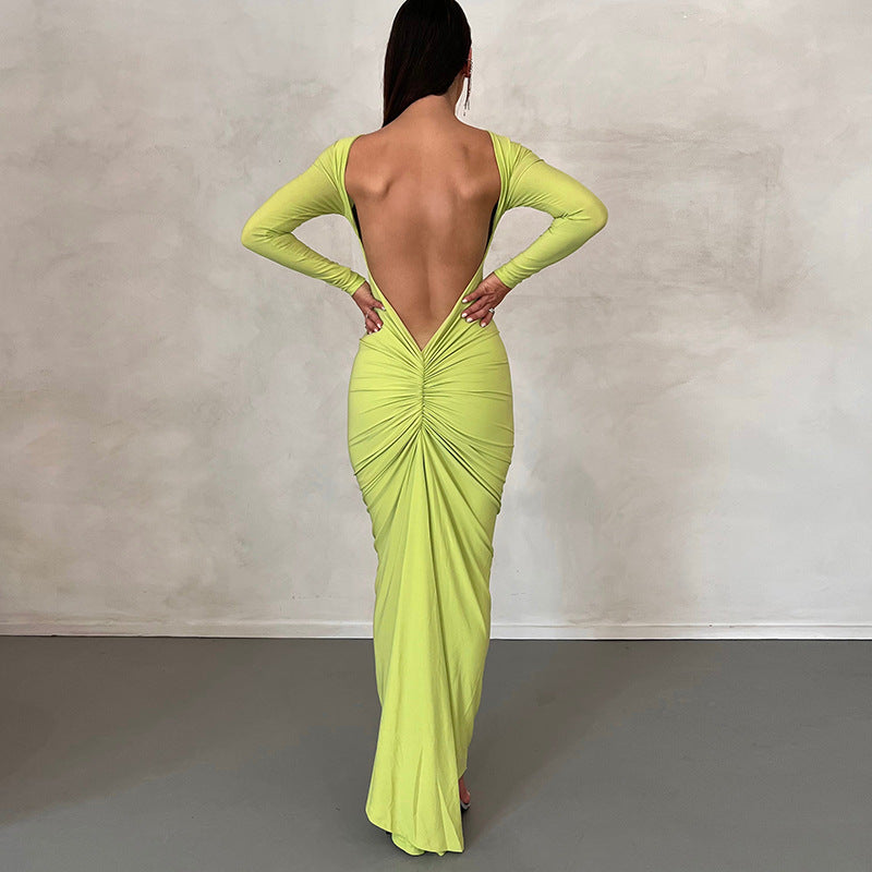 Solid Color Sexy Backless Pleated Maxi Dress - Horizon Bliss