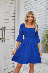 Square Neckline Puff Sleeve Backless Dress for Women. - Horizon Bliss