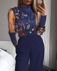  Sheer Mesh Floral Long Sleeve Patchwork Jumpsuit - Horizon Bliss