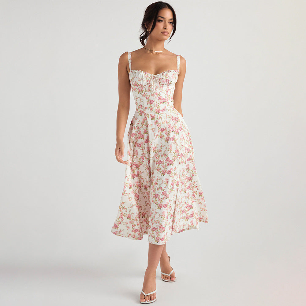 Floral Maxi Dress with Side Slit, Cutout Back, and Spaghetti Straps - Horizon Bliss