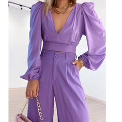 V-neck Long Sleeve Shirt High Waist Wide Leg Pants Plus Size Casual - Horizon Bliss