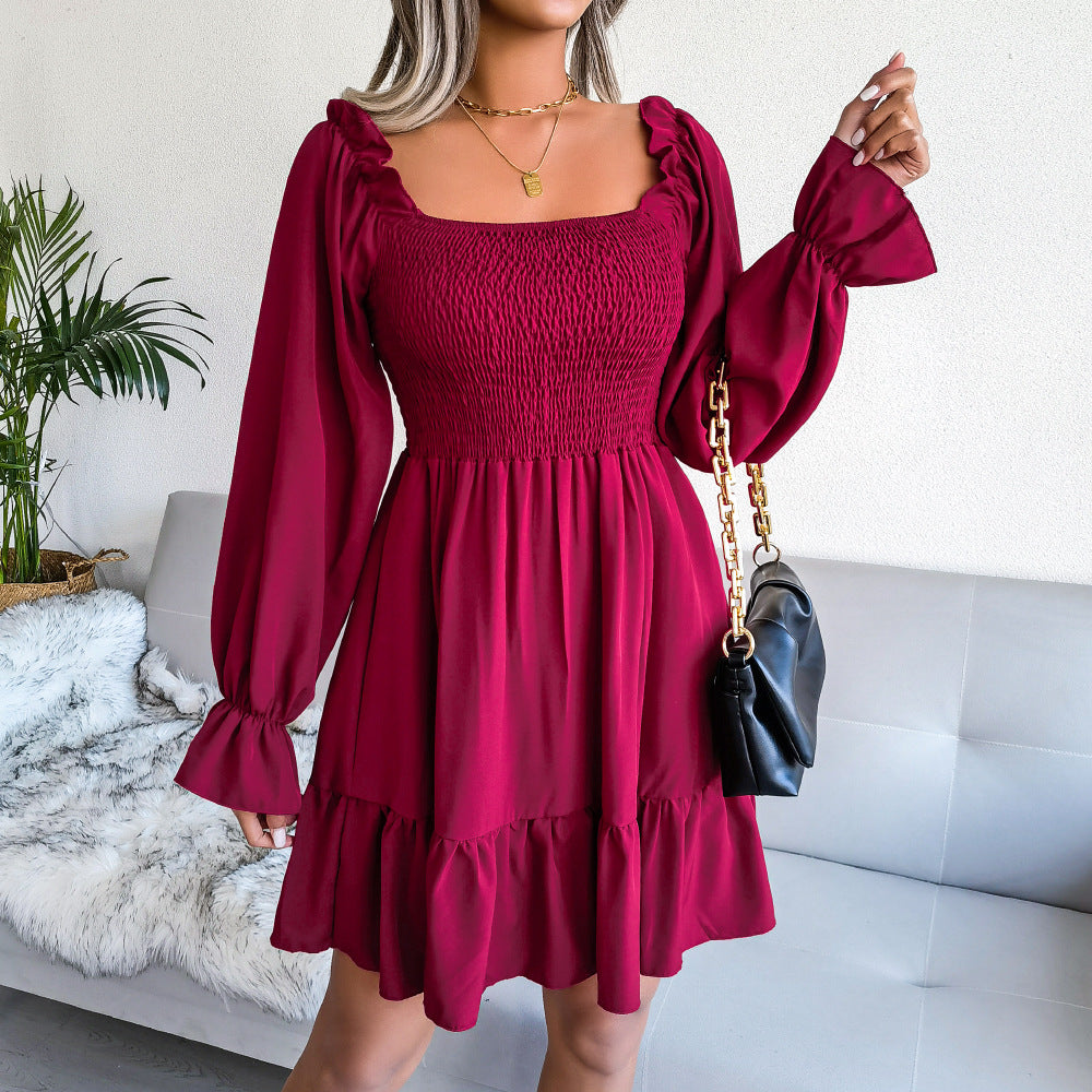 Square Collar Flared Long Sleeve Ruffled Swing Dress - Horizon Bliss