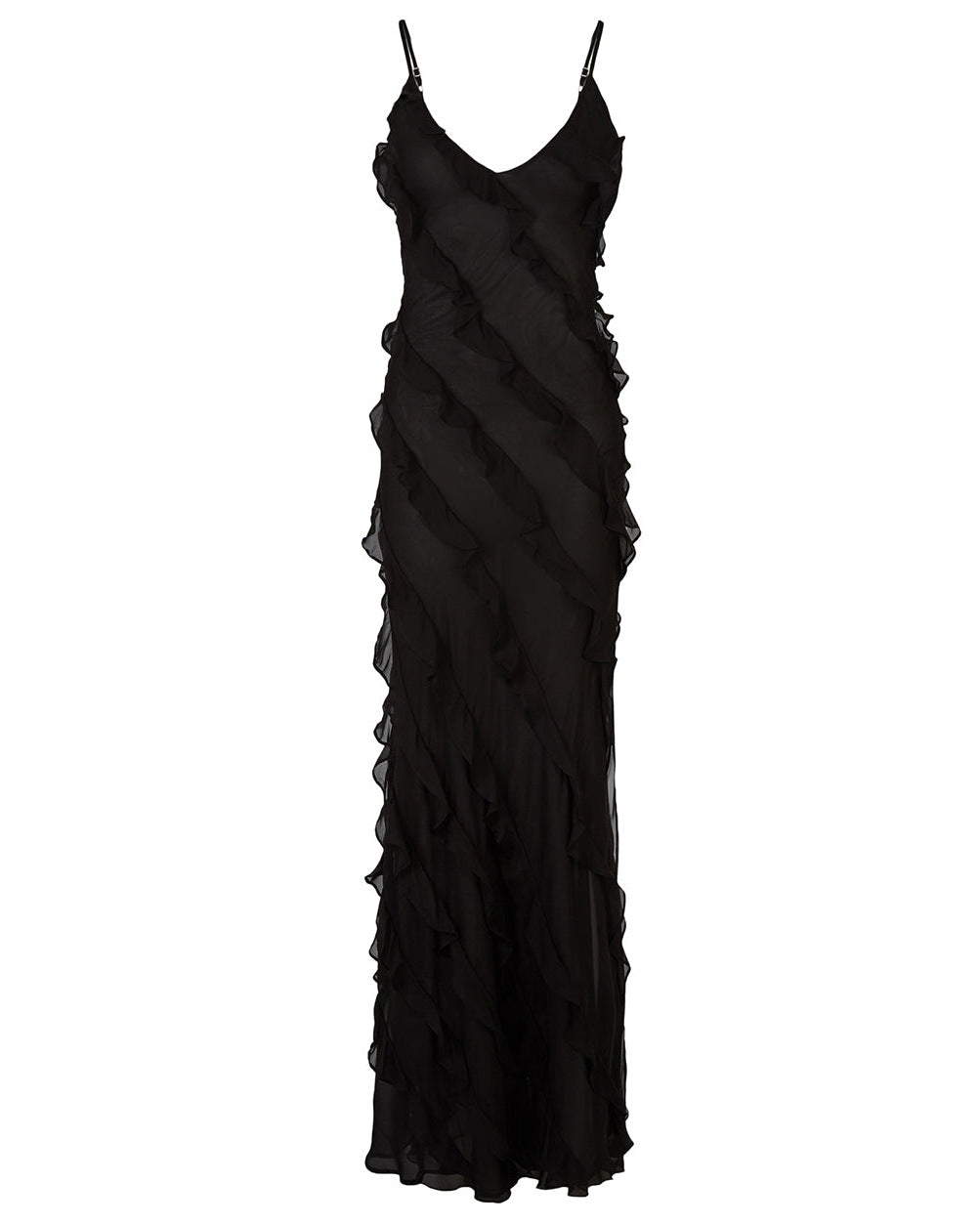 Backless Maxi Dress with High Slit and Ruffle Hem - Horizon Bliss