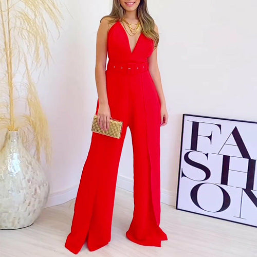 V-neck High-waisted Jumpsuit with Split Wide Leg Pants with Belt - Horizon Bliss