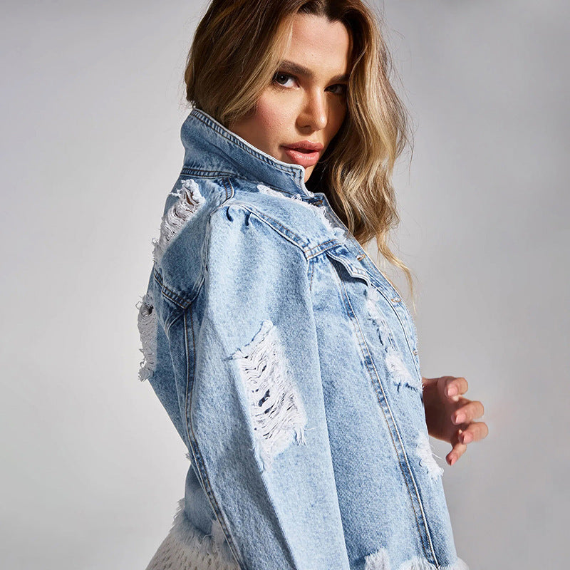 Fashionable Women's Denim Jacket with Distressed Details - Horizon Bliss