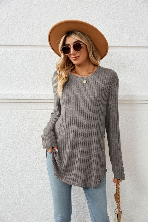 Loose-Fit Long Sleeve Button T-Shirt for Women with Round Neck - Horizon Bliss