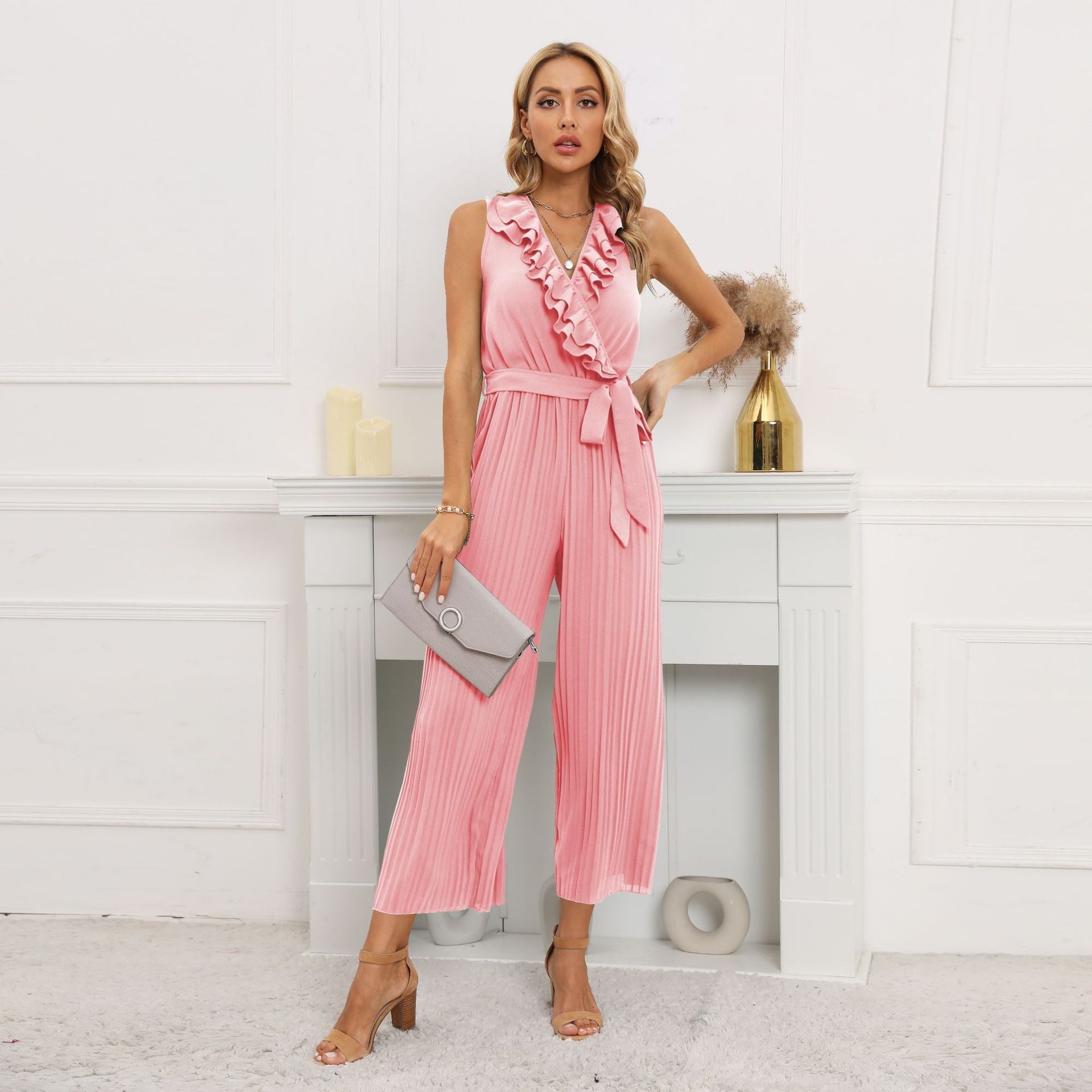 V-neck Ruffle Pleated Jumpsuit - Horizon Bliss