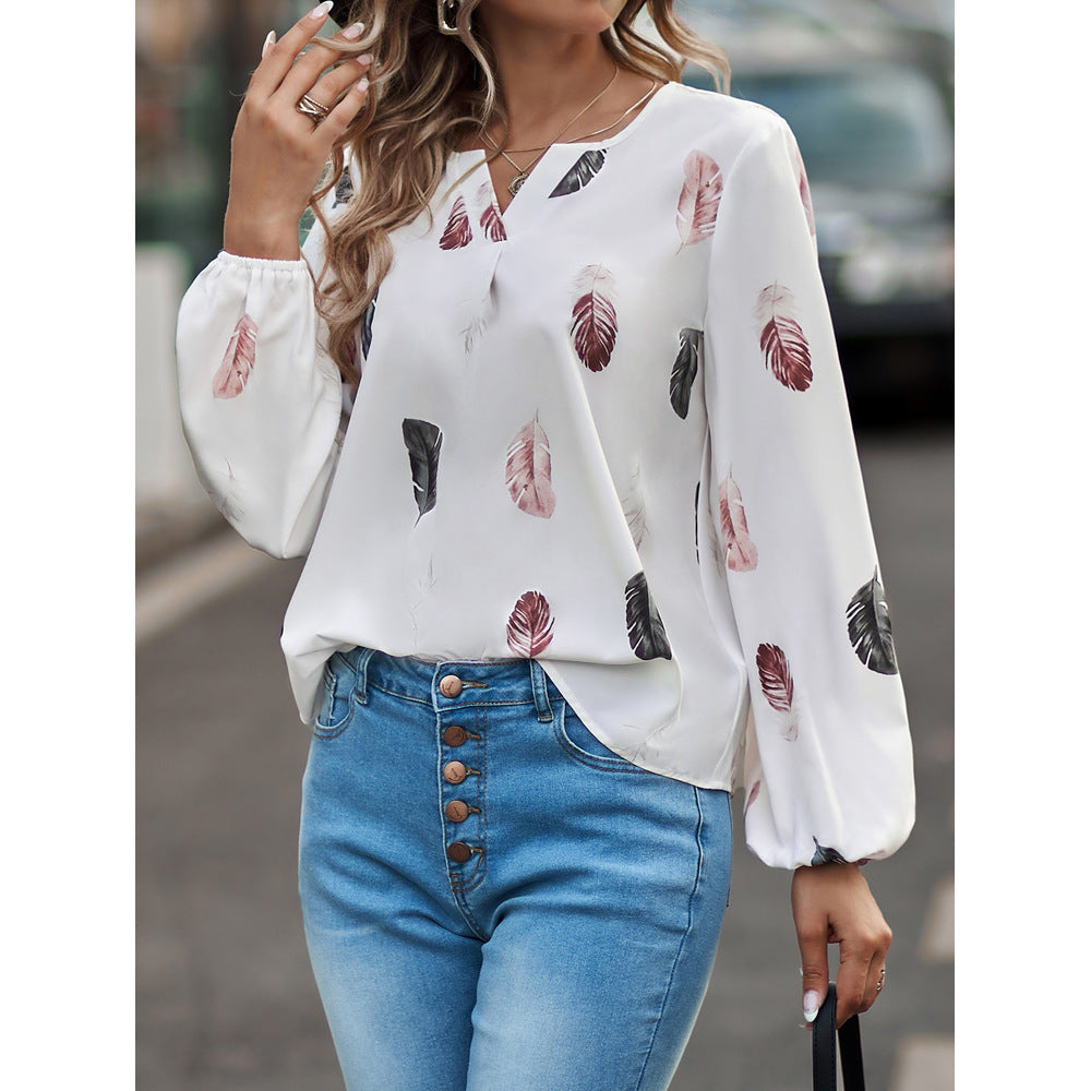 V-neck Feather Print Long-sleeved Loose T-shirt Women's Tops - Horizon Bliss