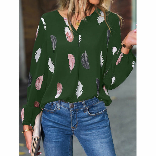 V-neck Feather Print Long-sleeved Loose T-shirt Women's Tops - Horizon Bliss