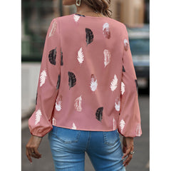 V-neck Feather Print Long-sleeved Loose T-shirt Women's Tops - Horizon Bliss