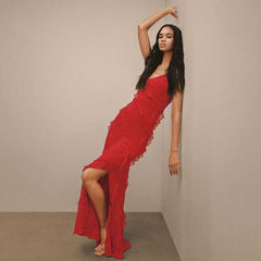 Backless Maxi Dress with High Slit and Ruffle Hem - Horizon Bliss