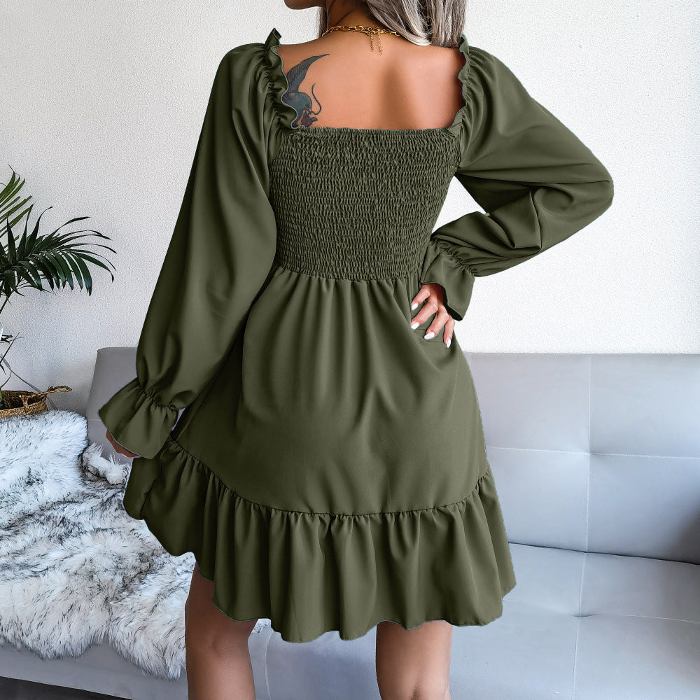 Square Collar Flared Long Sleeve Ruffled Swing Dress - Horizon Bliss