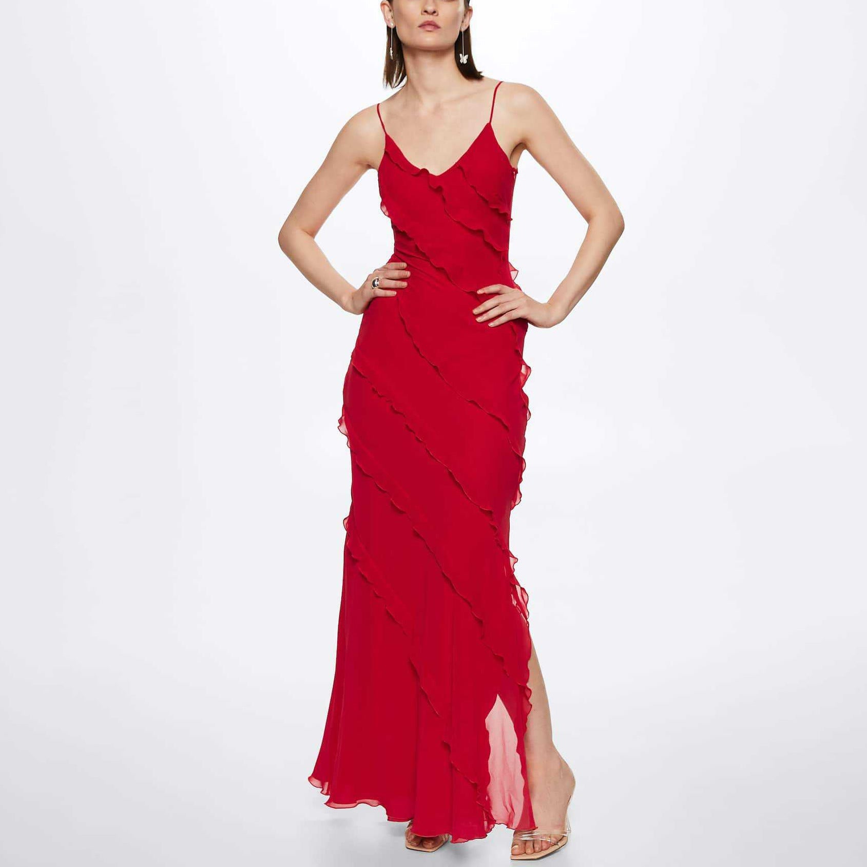 Backless Maxi Dress with High Slit and Ruffle Hem - Horizon Bliss