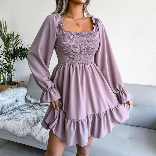 Square Collar Flared Long Sleeve Ruffled Swing Dress - Horizon Bliss