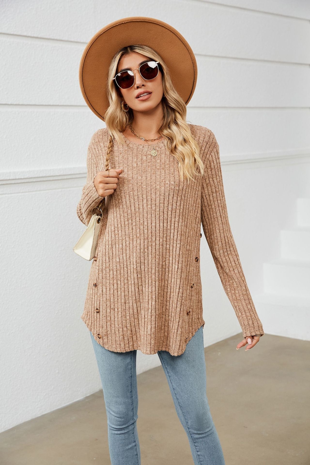 Loose-Fit Long Sleeve Button T-Shirt for Women with Round Neck - Horizon Bliss