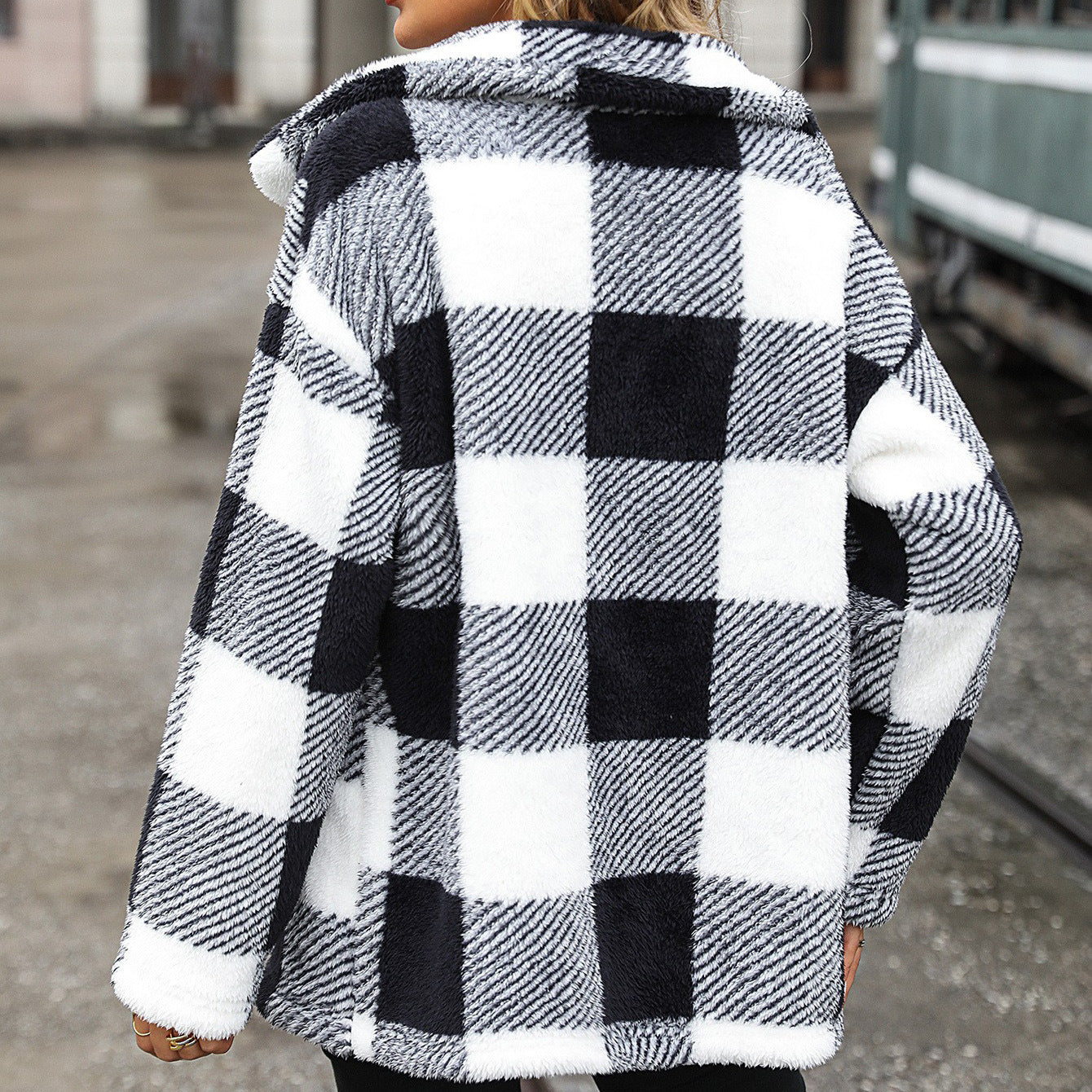 Long Sleeve Mid-Length Plaid Single-Breasted Double-Sided Fleece - Horizon Bliss