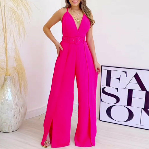 V-neck High-waisted Jumpsuit with Split Wide Leg Pants with Belt - Horizon Bliss