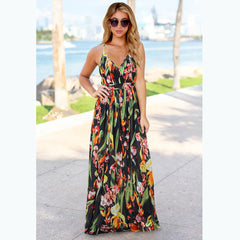 Bohemian Floral Print Maxi Dress Spaghetti Strap Dress  - Horizon Bliss