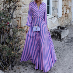 Long Sleeve Elegant Mid-Length Striped Dress. - Horizon Bliss