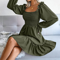 Square Collar Flared Long Sleeve Ruffled Swing Dress - Horizon Bliss