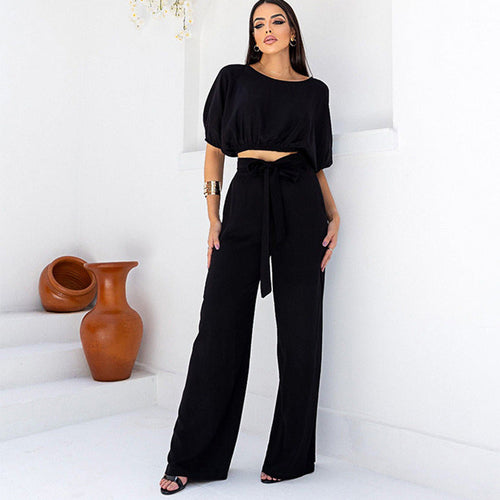 Crew neck short sleeve top lace-up high waist trousers two-piece set - Horizon Bliss