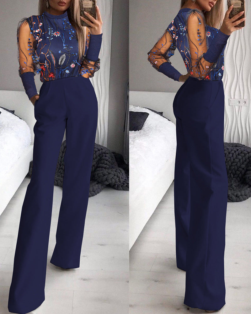  Sheer Mesh Floral Long Sleeve Patchwork Jumpsuit - Horizon Bliss