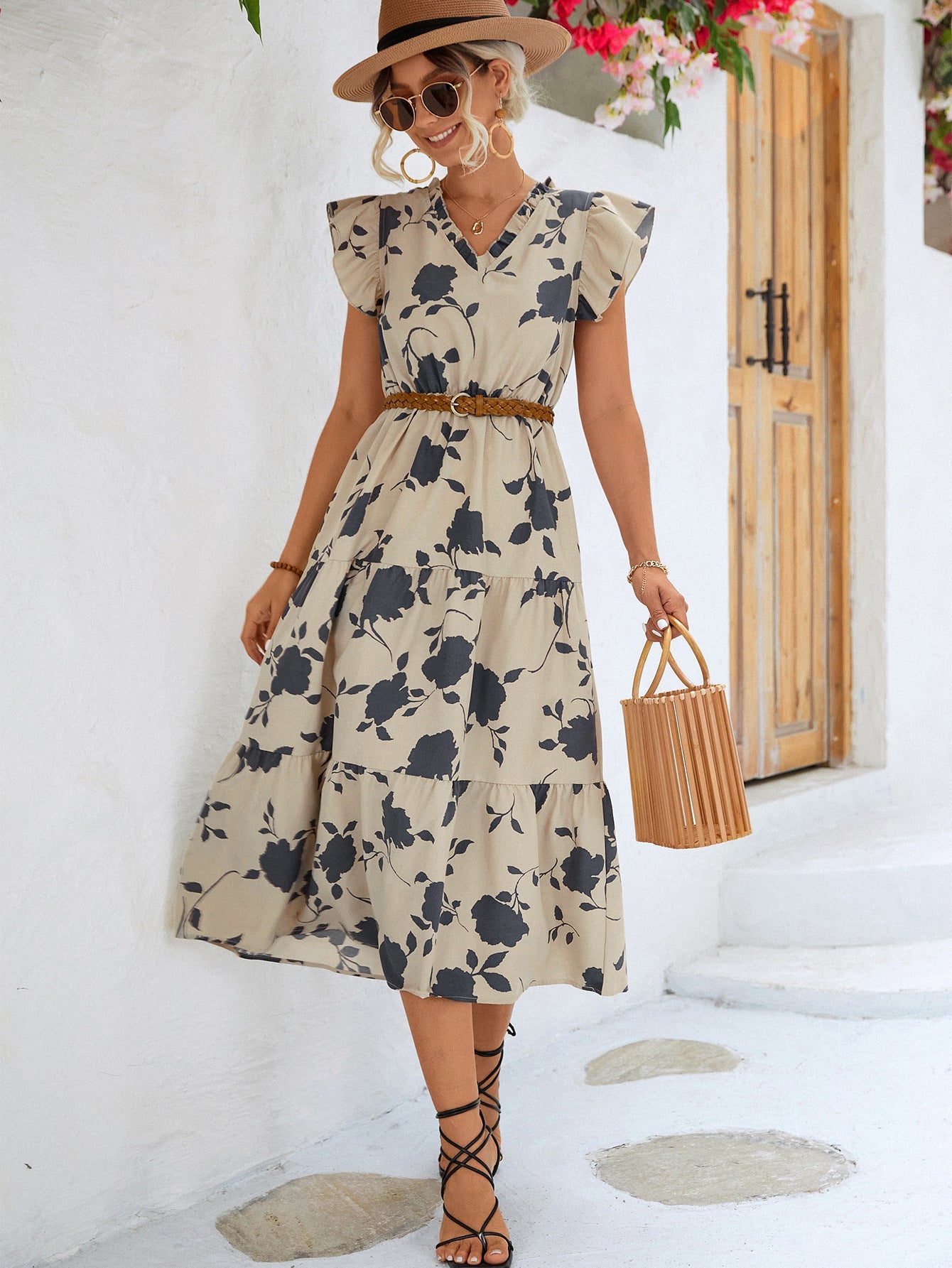 Floral Print Flounce Sleeve Dress - Horizon Bliss