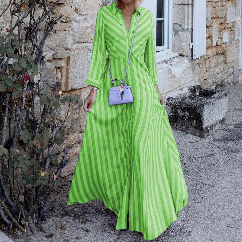 Long Sleeve Elegant Mid-Length Striped Dress. - Horizon Bliss