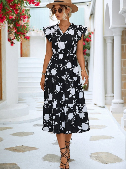 Floral Print Flounce Sleeve Dress - Horizon Bliss