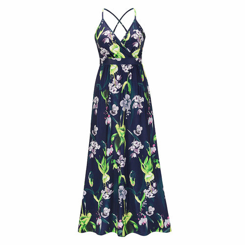 Bohemian Floral Print Maxi Dress Spaghetti Strap Dress  - Horizon Bliss