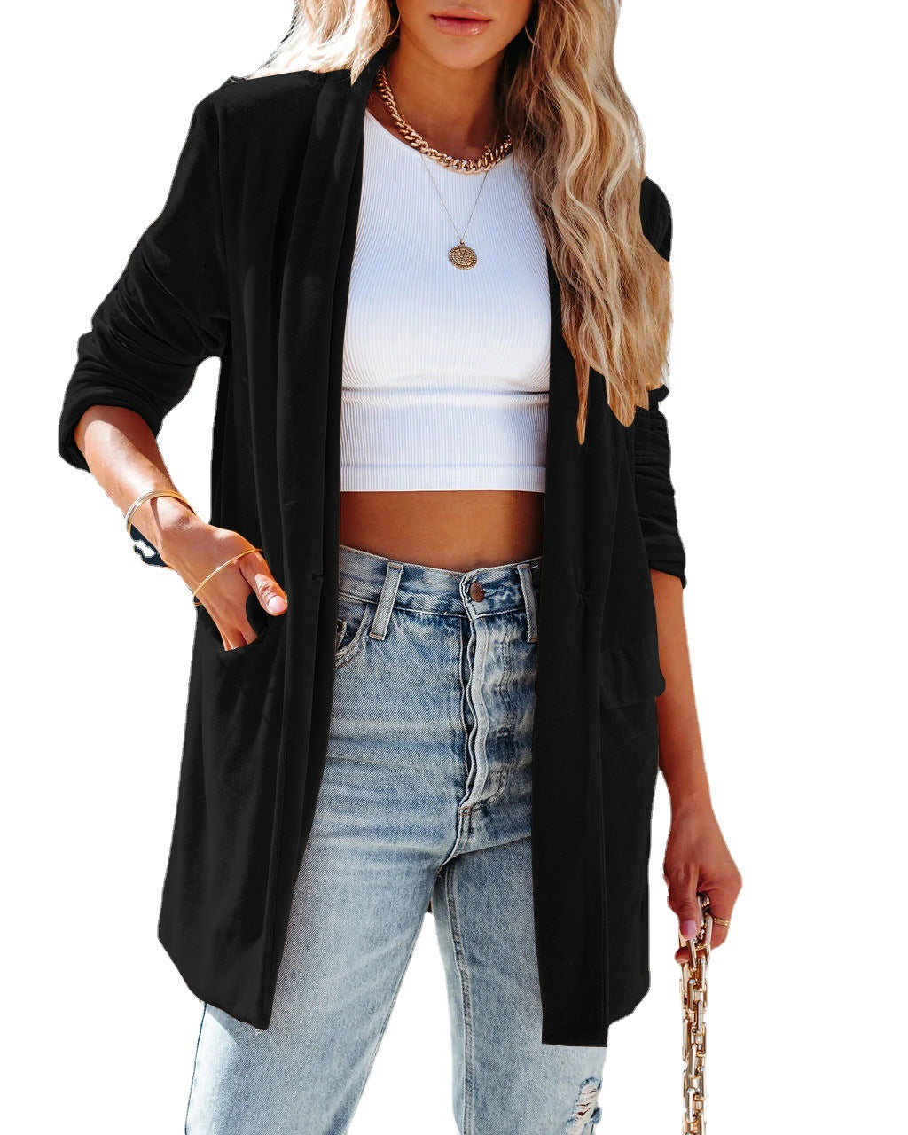 Loose Velvet Stretchy Long Sleeve Jacket for Women - Horizon Bliss