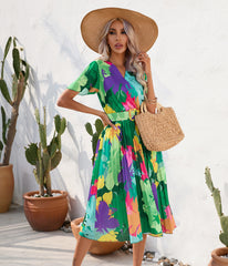 Summer Floral Print Pleated Short Sleeve Dress - Horizon Bliss