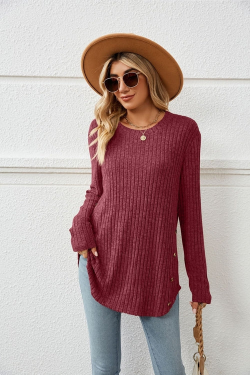 Loose-Fit Long Sleeve Button T-Shirt for Women with Round Neck - Horizon Bliss