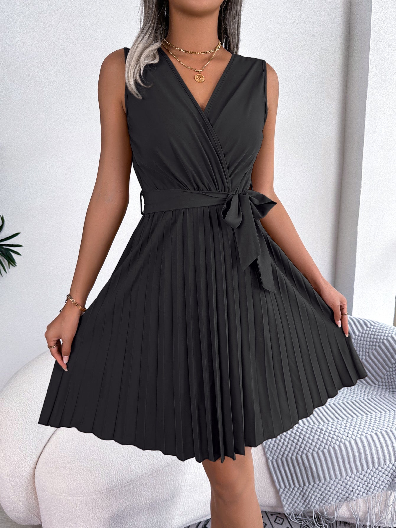 V-Neck Sleeveless Waist Gathered Pleated Dress - Horizon Bliss