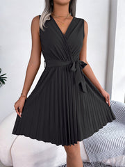 V-Neck Sleeveless Waist Gathered Pleated Dress - Horizon Bliss