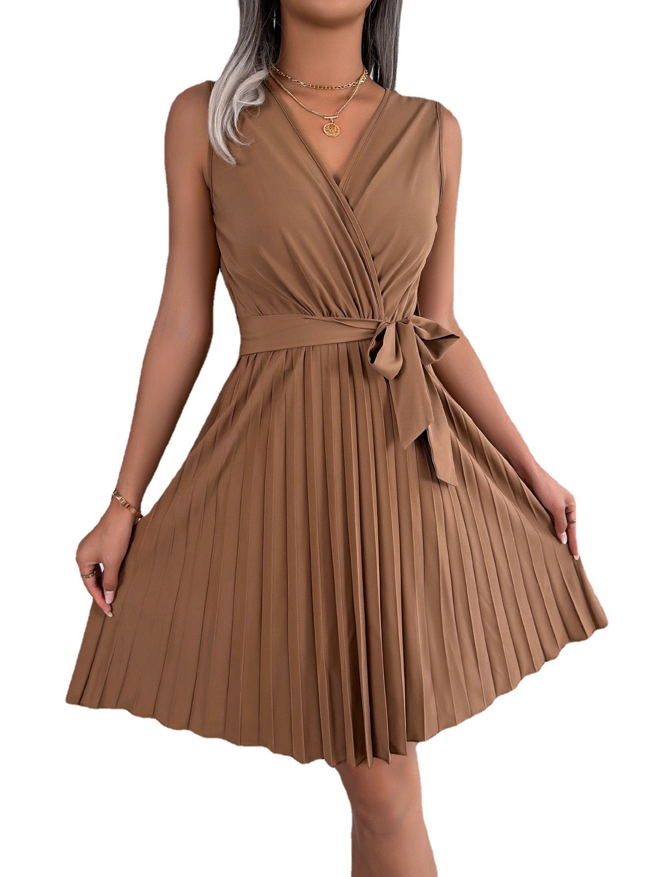 V-Neck Sleeveless Waist Gathered Pleated Dress - Horizon Bliss