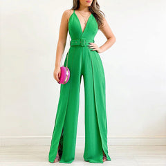 V-neck High-waisted Jumpsuit with Split Wide Leg Pants with Belt - Horizon Bliss